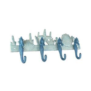 Blue/White Cast Iron Seahorses Decorative Wall Hook Hanging Towel or Coat Rack